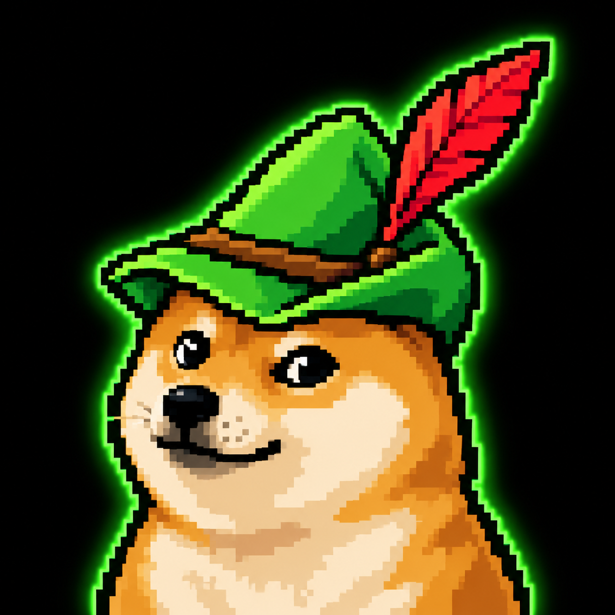 Pixel-art doge wearing the green feathered $BYCOCKET hat