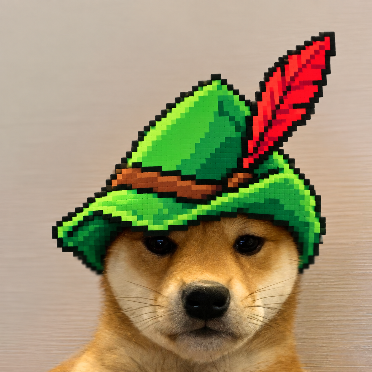 Shiba Inu wearing a pixel green feathered hat