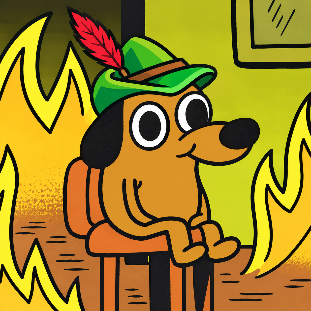 This is fine dog in a feathered hat sitting in flames